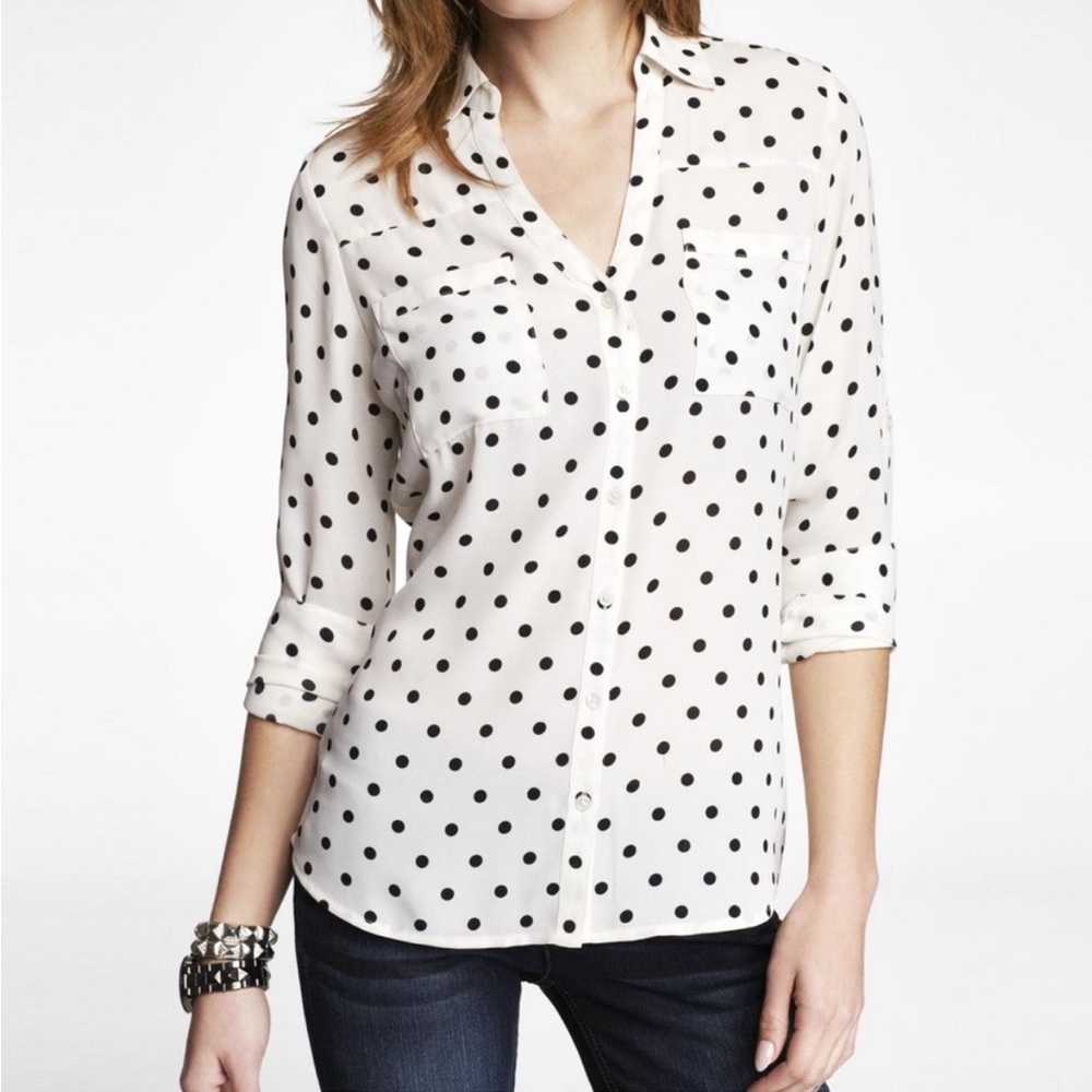 Express Portofino Black and White Polka Dot Button-Down Shirt